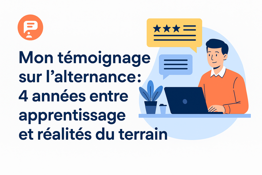 Illustration d'un alternant avec le texte suivant : Mon témoignage sur l'alternance : 4 années entre apprentissage et réalités du terrain
