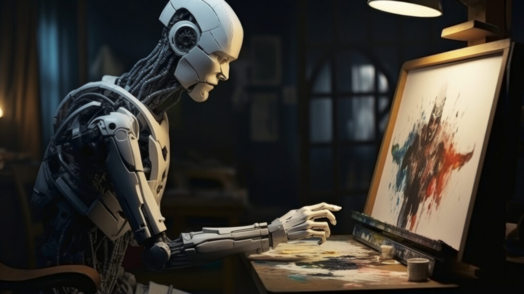 Un robot humanoïde en pleine création artistique : une illustration puissante de l’influence croissante de l’IA dans les métiers du graphisme et de la créativité visuelle.